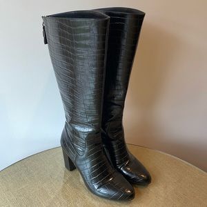 Anne Klein black croc embossed faux leather knee high boots